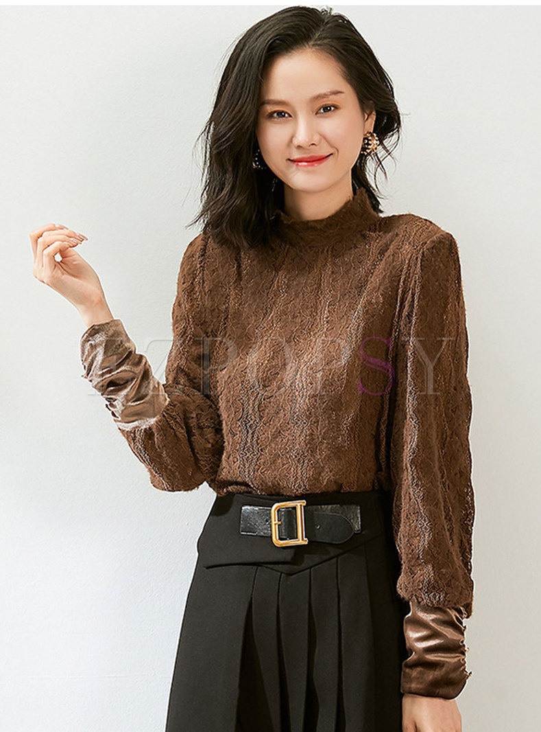 Turtleneck Openwork Pullover Lace Blouse