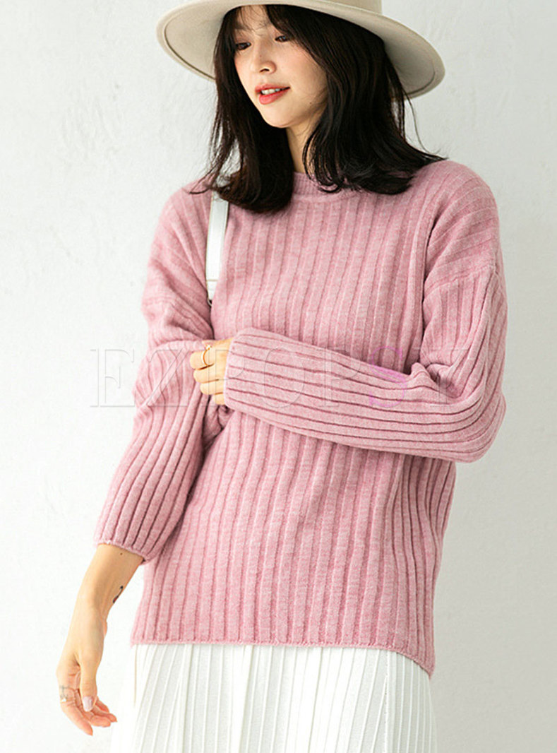 Solid Crew Neck Pullover Ribbed Sweater