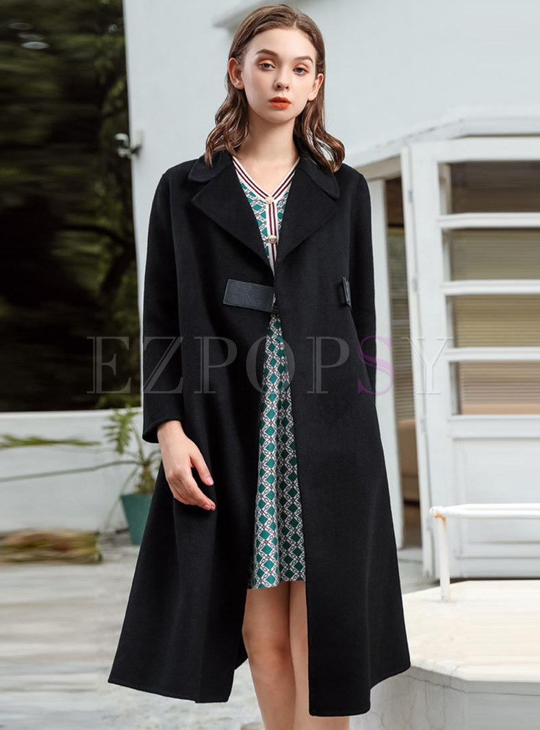 Black Long Straight Wool Blend Overcoat