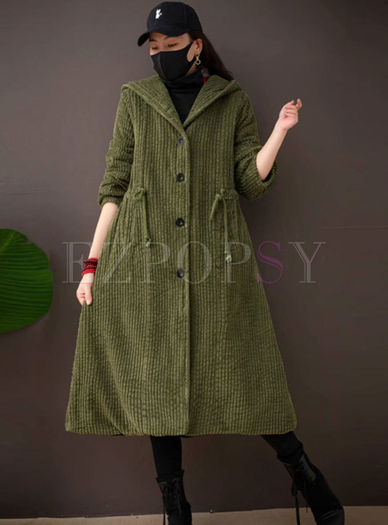 Hooded Plus Size Long Drawstring Corduroy Coat