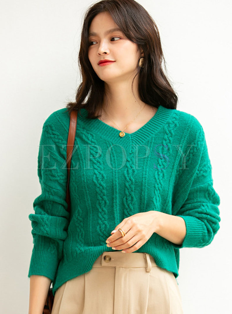V-neck Pullover Long Sleeve Loose Sweater