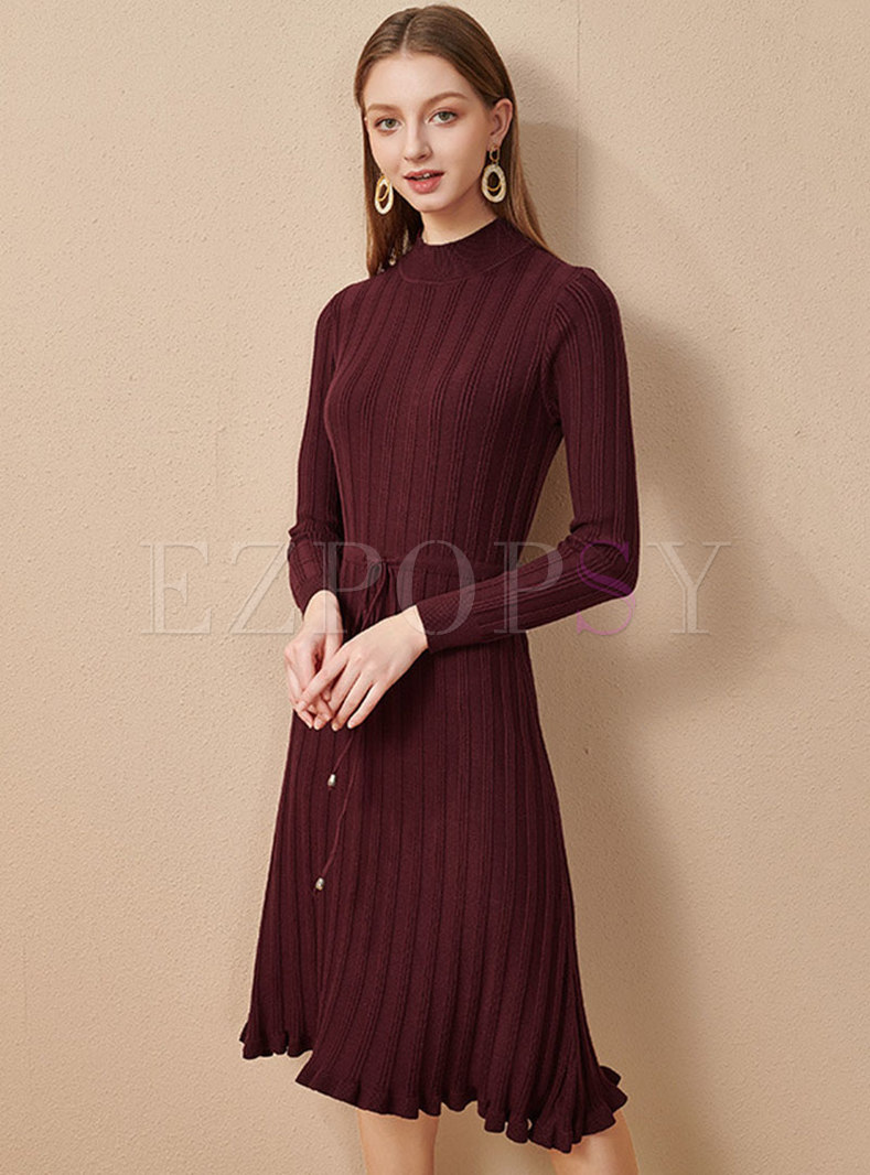 Solid Drawstring A Line Knitted Dress