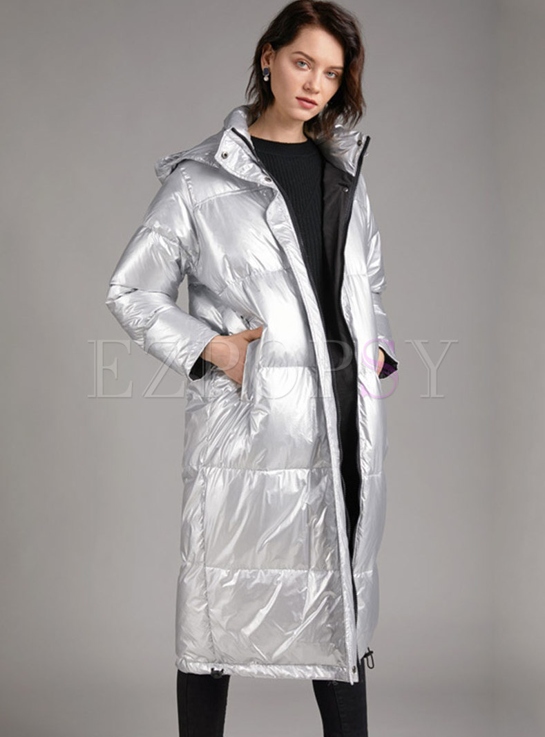 Hooded Shiny Straight Long Puffer Coat