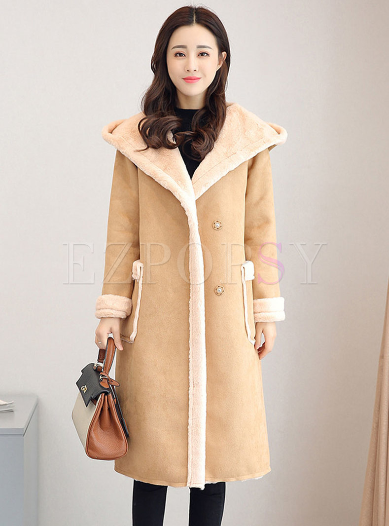 Hooded Suede Straight Long Overcoat