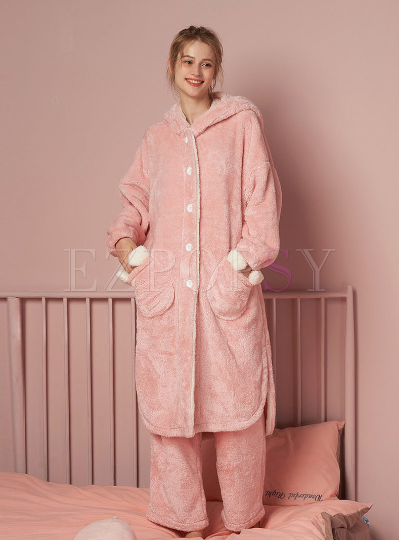 Cute Hooded Coral Loose Pajama Set