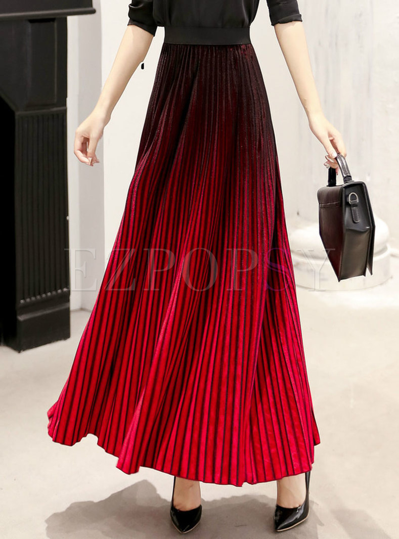 Gradient Color Pleated Long Velvet Skirt