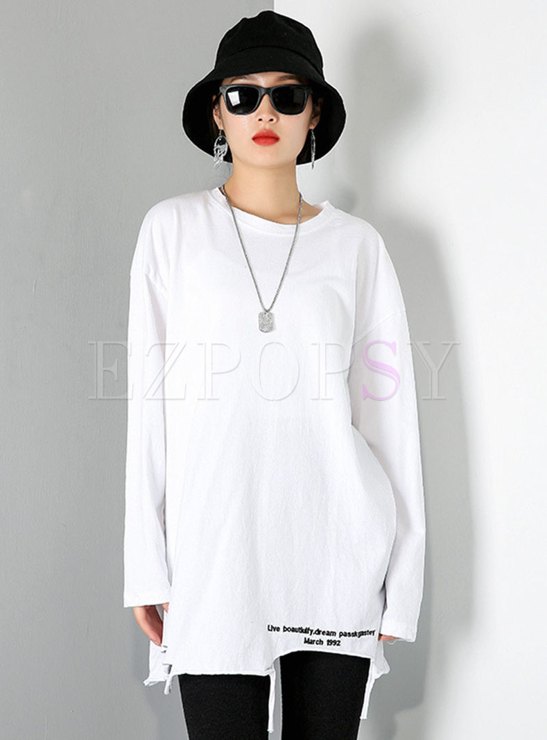 White Letter Print Ripped Pullover T-shirt