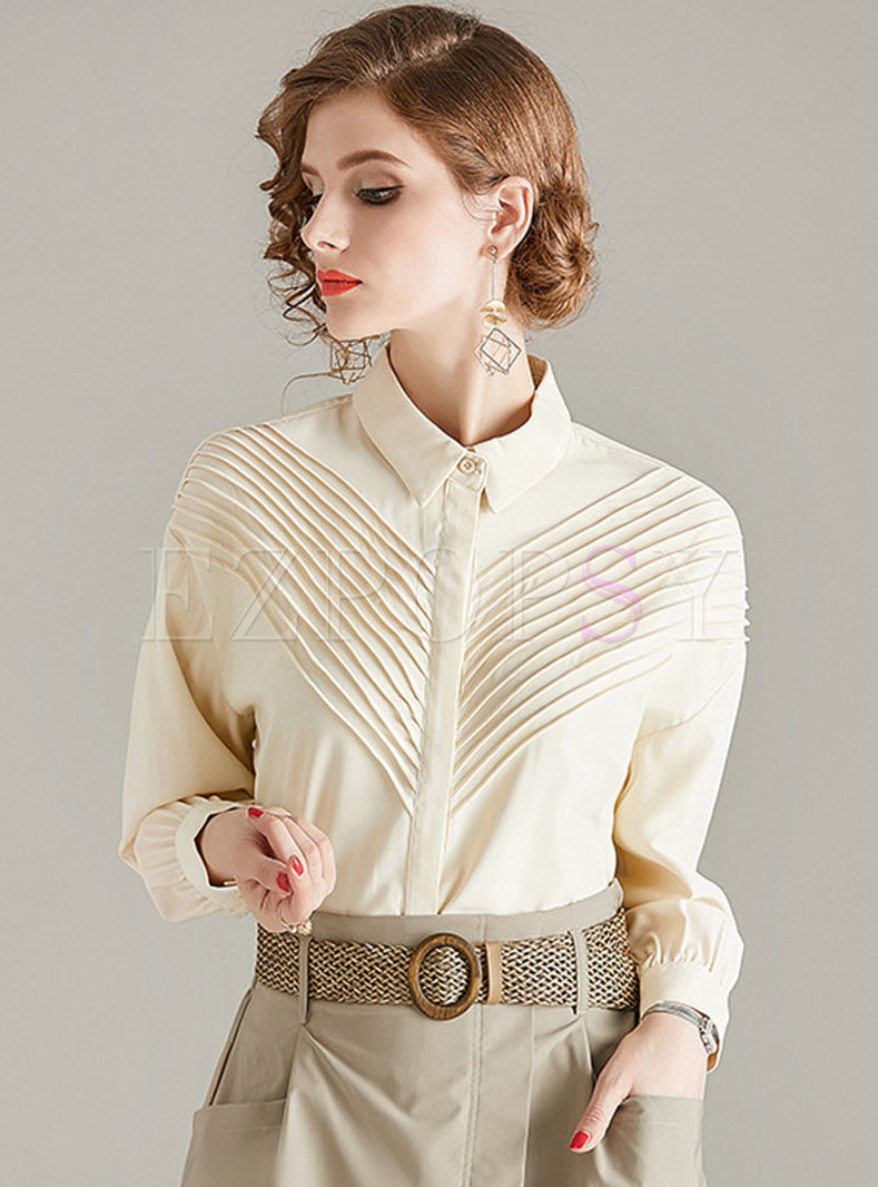 Turn Down Collar Ruched Loose Blouse
