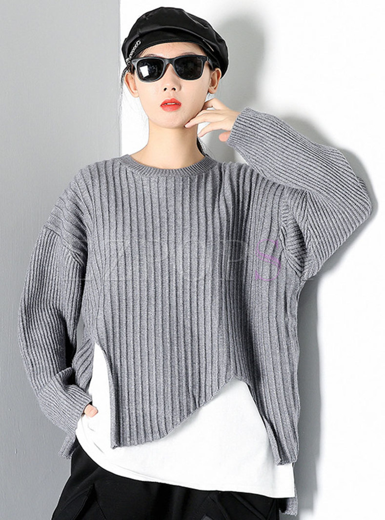 Crew Neck Knitted Patchwork Asymmetric Sweater