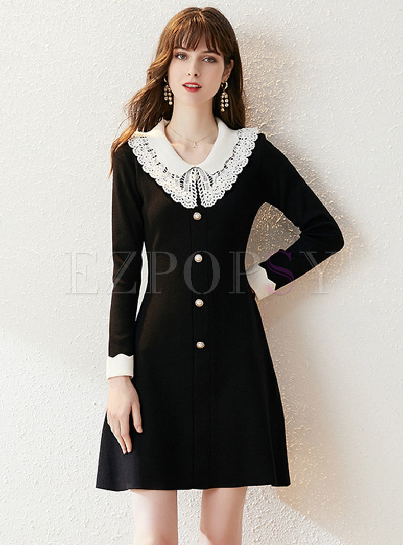 Lace Openwork Doll Collar Knitted Skater Dress