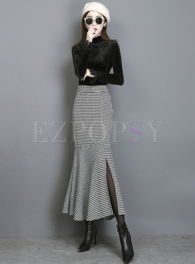 Skirts | Skirts | High Waisted Houndstooth Peplum Maxi Skirt