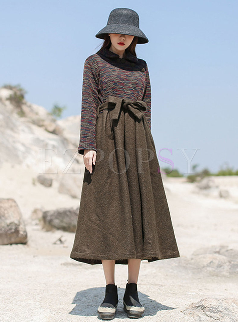 Long Sleeve Bowknot Patchwork Maxi Dress