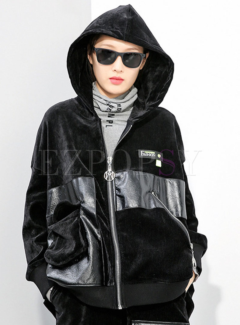 Plus Size Hooded Patchwork Straight Coat