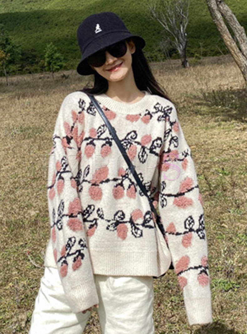 Crew Neck Print Pullover Loose Sweet Sweater