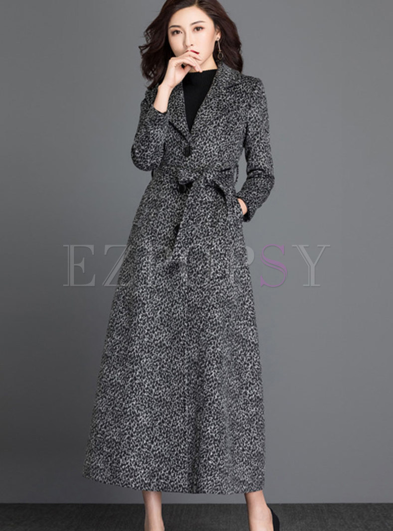 Leopard Wool Blend Wrap Long Overcoat