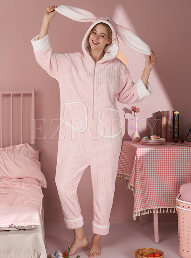 Coral Hooded Plus Size Cute Rabbit Pajama
