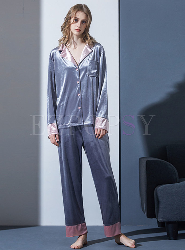 Notched Collar Velvet Pajama Set
