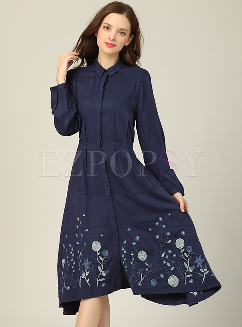 Long Sleeve Embroidered A Line Midi Dress