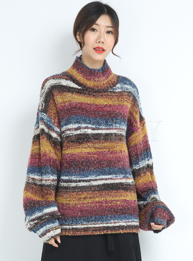 Turtleneck Plus Size Striped Sweater