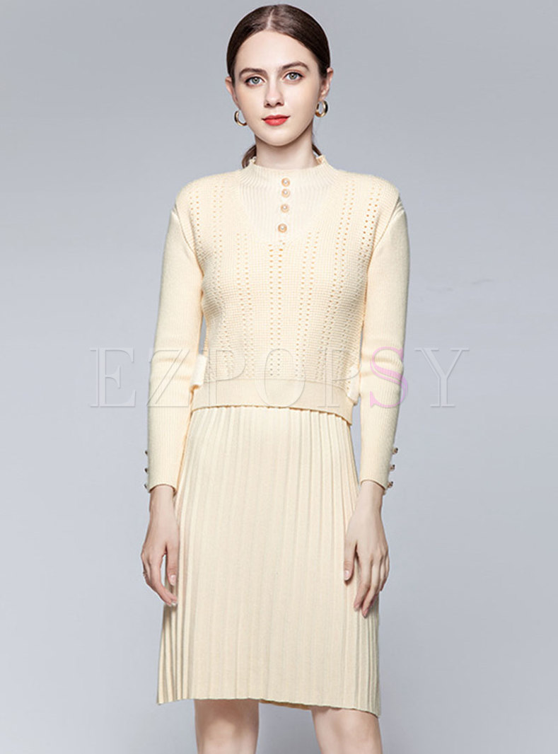 Long Sleeve Slim Pleated Knitted Dress With Vest