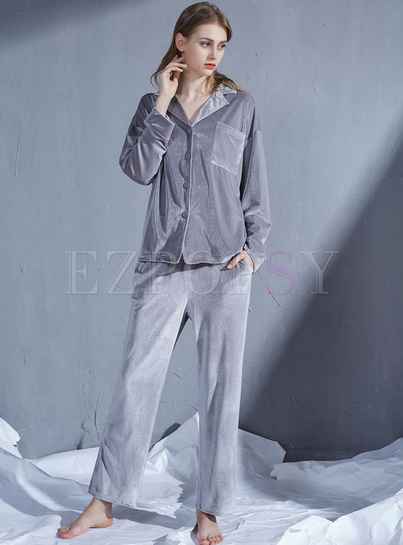 Notched Collar Single-breasted Velvet Pajama Set