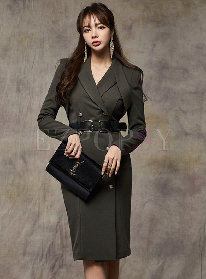 Work Notched Collar Button-down Belted Dress