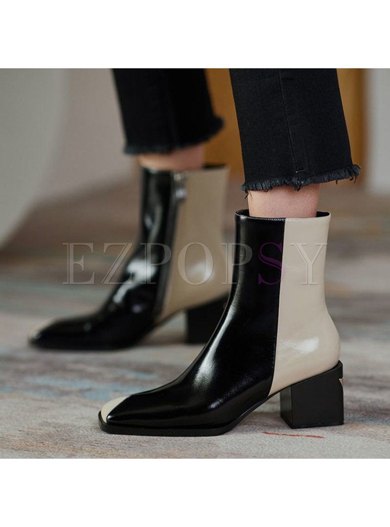 Square Neck Color-blocked Chunky Heel Boots