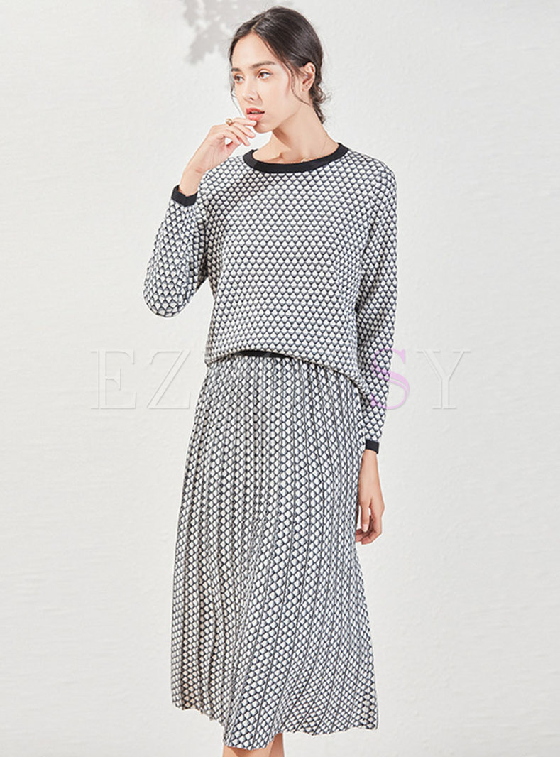 Crew Neck Plaid A Line Sweater Skirt Suits