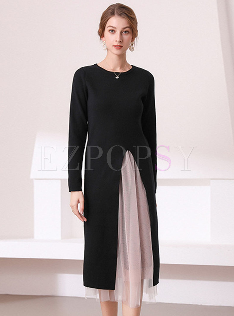 Mesh Color-blocked Patchwork Knitted Dress