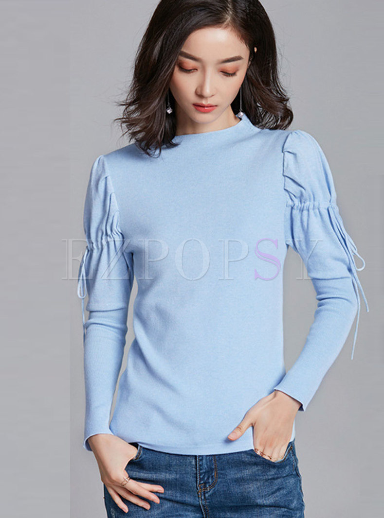 Solid Crew Neck Puff Sleeve Drawstring Sweater