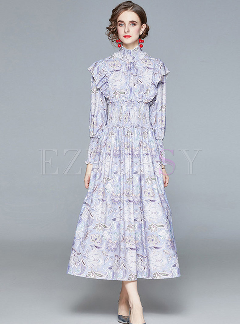 Dresses | Maxi Dresses | Turtleneck Ruffle Empire Waist Print Maxi Dress
