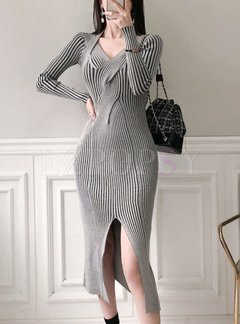 V-neck Striped Bodycon Split Knitted Dress