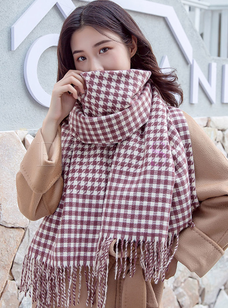 Houndstooth Fringed Faux Cashmere Scarf