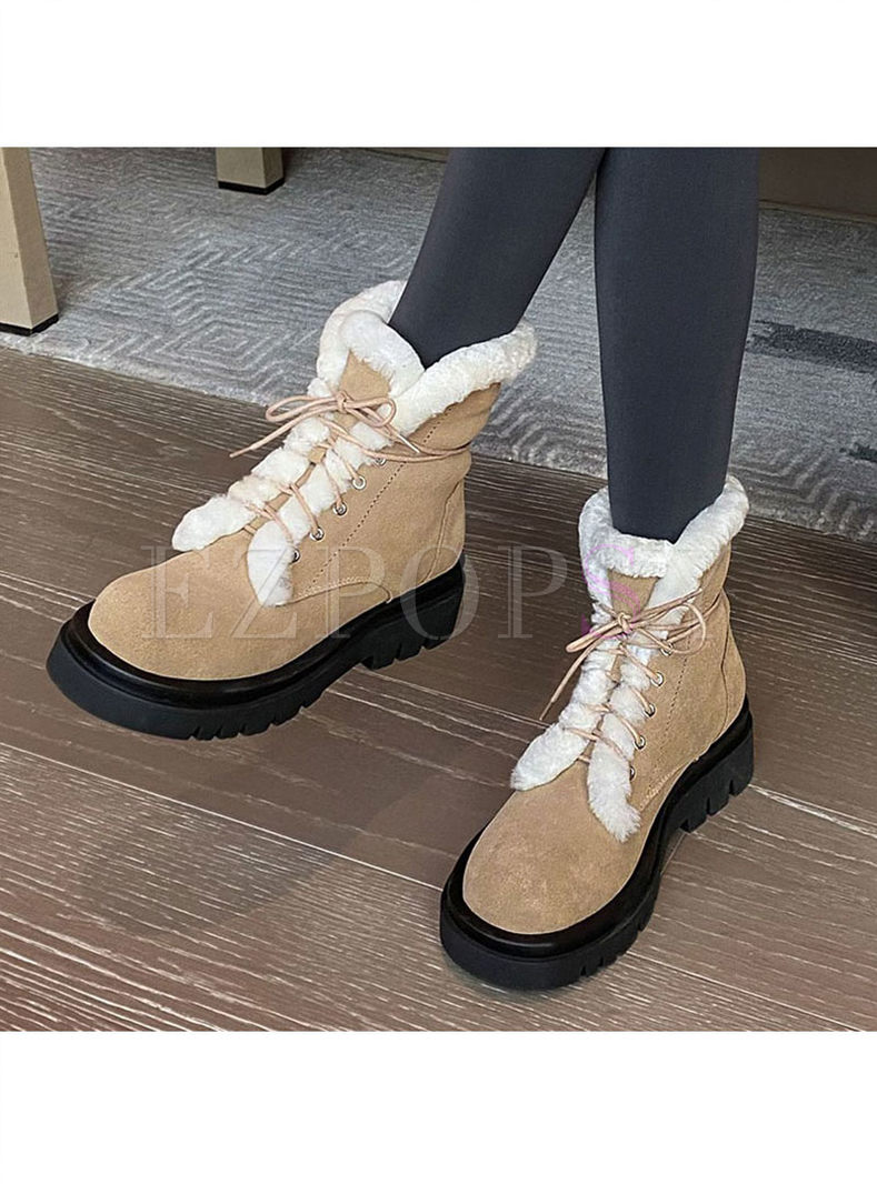 Lace-up Plush Rounded Toe Platform Ankle Boots