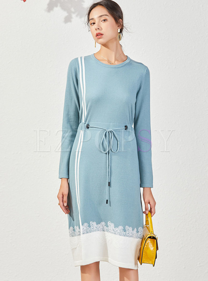 Crew Neck Striped Lace Patchwork Knitted Dress
