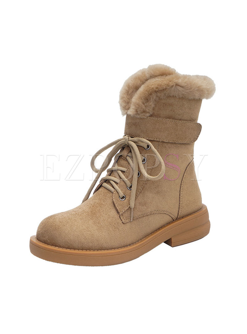Low Block Heel Lace-up Short Snow Boots