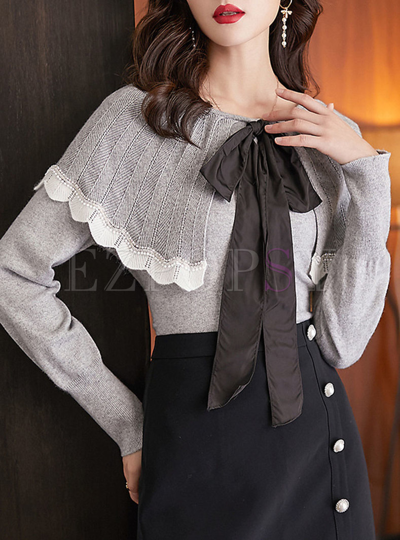 Bowknot Shawl Long Sleeve Pullover Sweater
