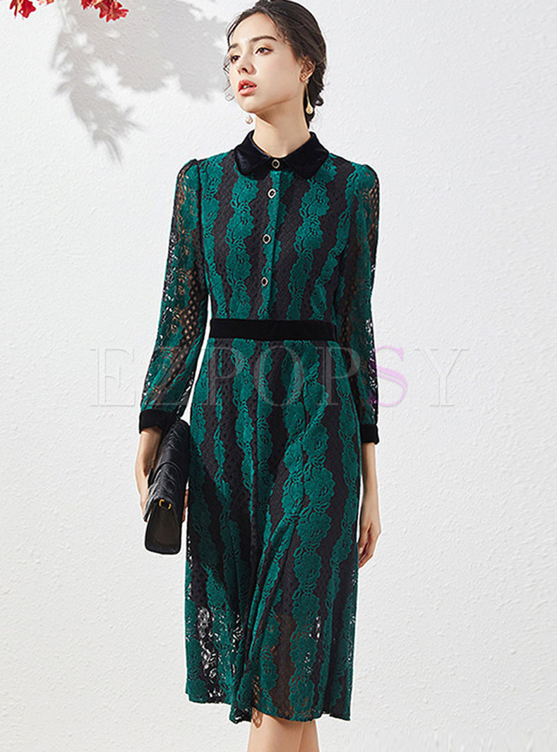 Turn Down Collar Lace Openwork A Line Dress
