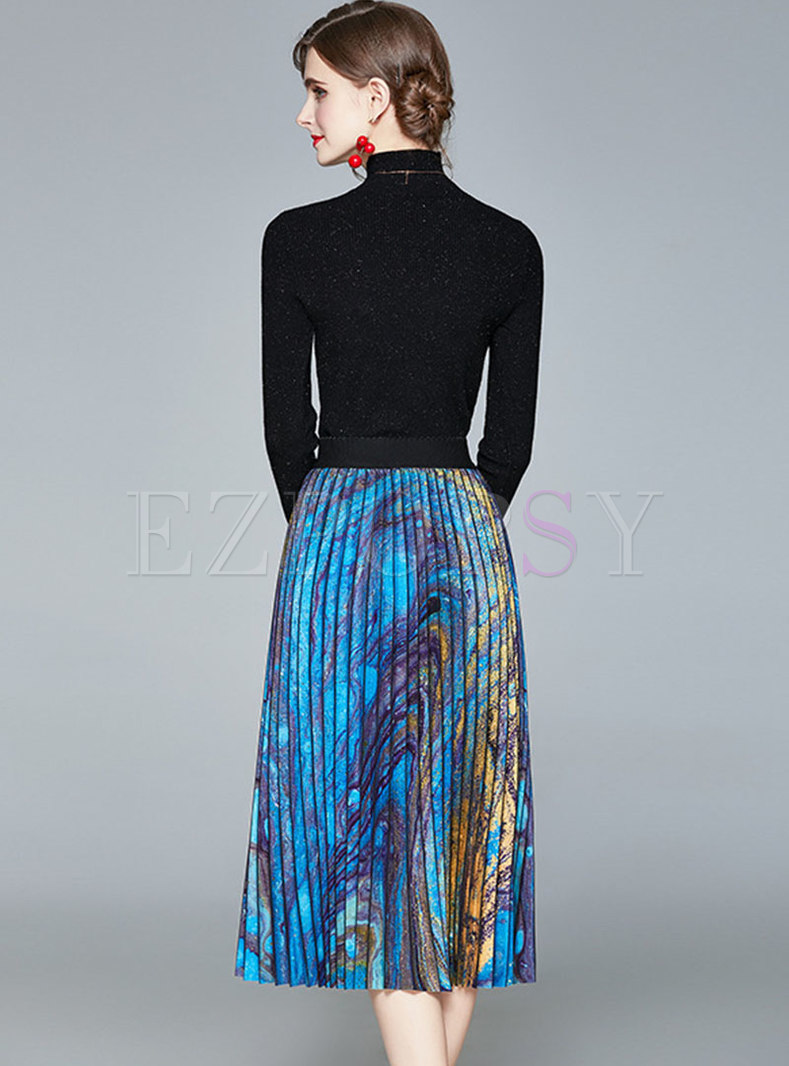 Dresses | Skater Dresses | Mock Neck Sweater & Print Pleated Long Skirt