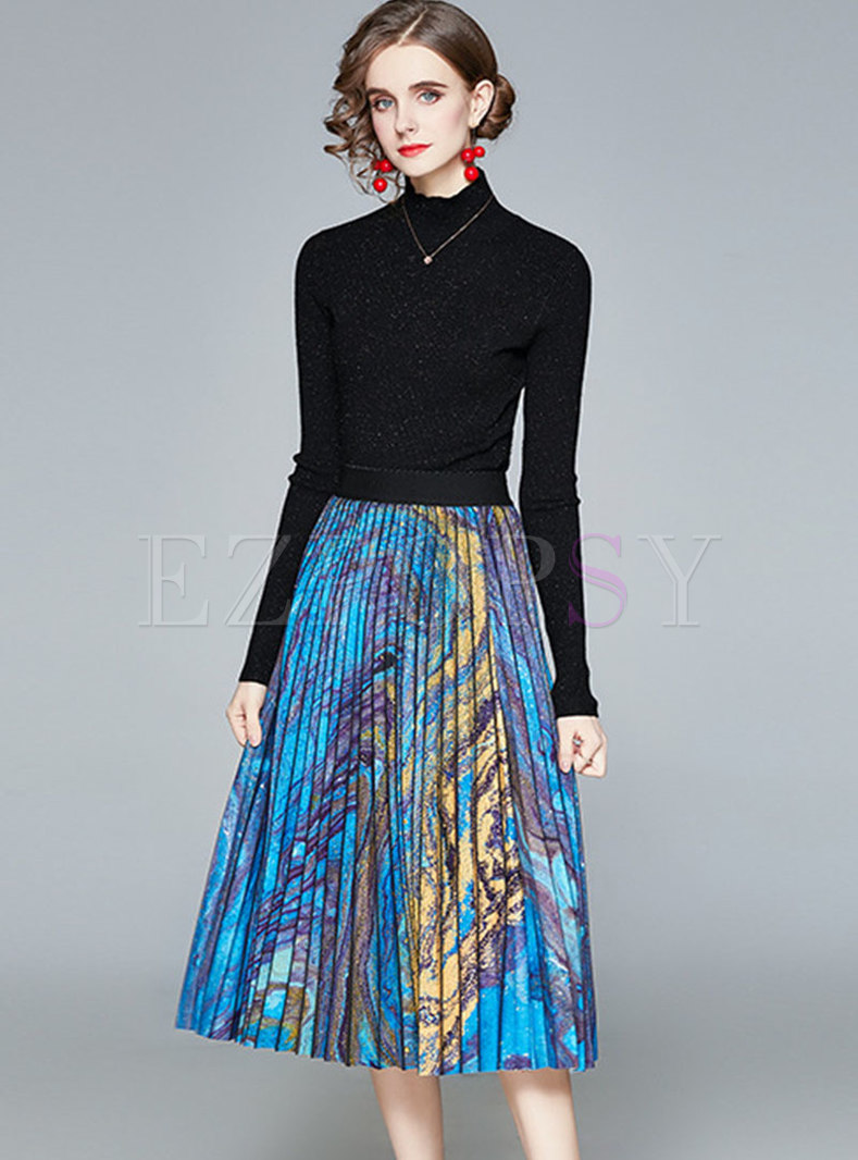 Dresses | Skater Dresses | Mock Neck Sweater & Print Pleated Long Skirt