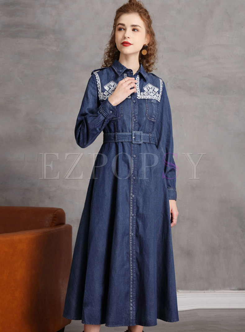 Dresses | Maxi Dresses | Lapel Embroidered Denim A Line Maxi Dress