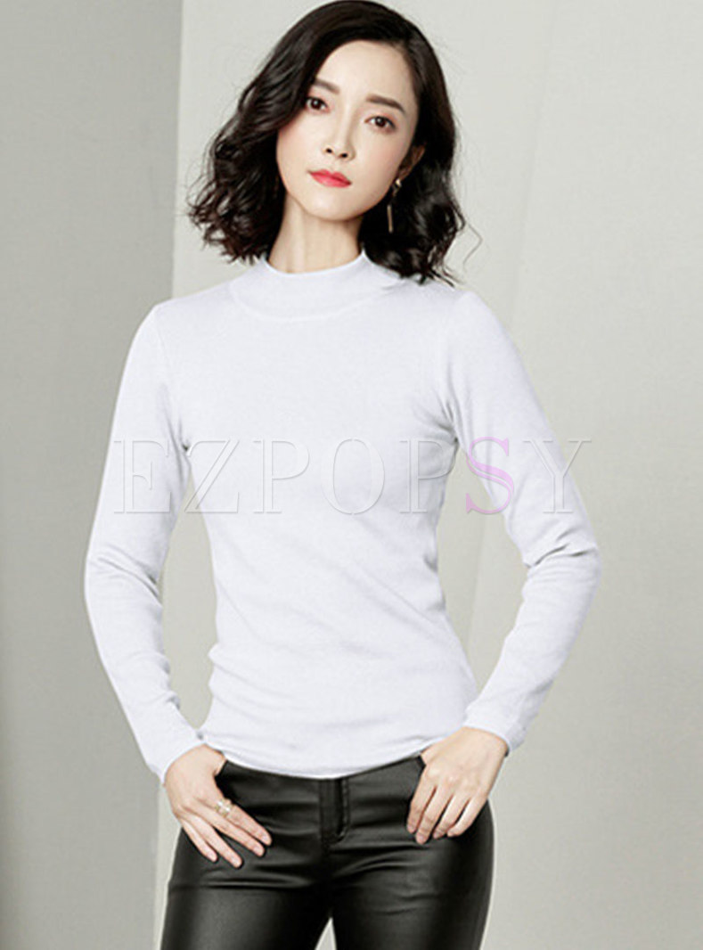 Mock Neck Pullover Solid Slim Thicken Sweater