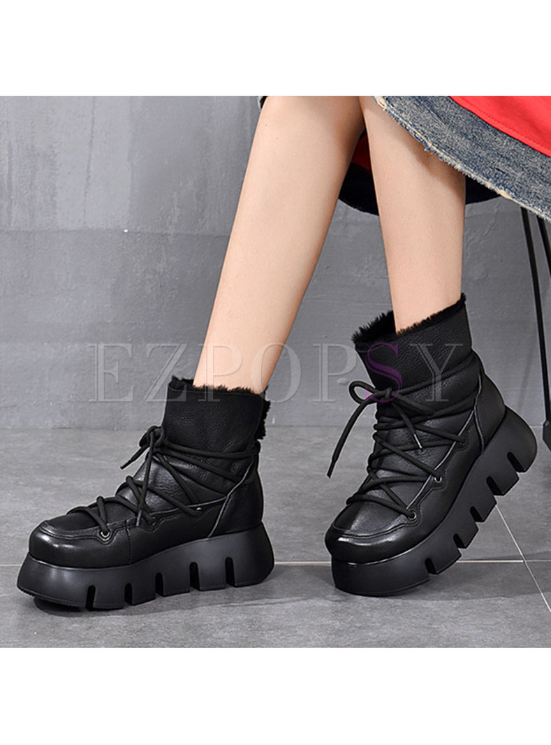 Retro Rounded Toe Platform Wool Ankle Boots
