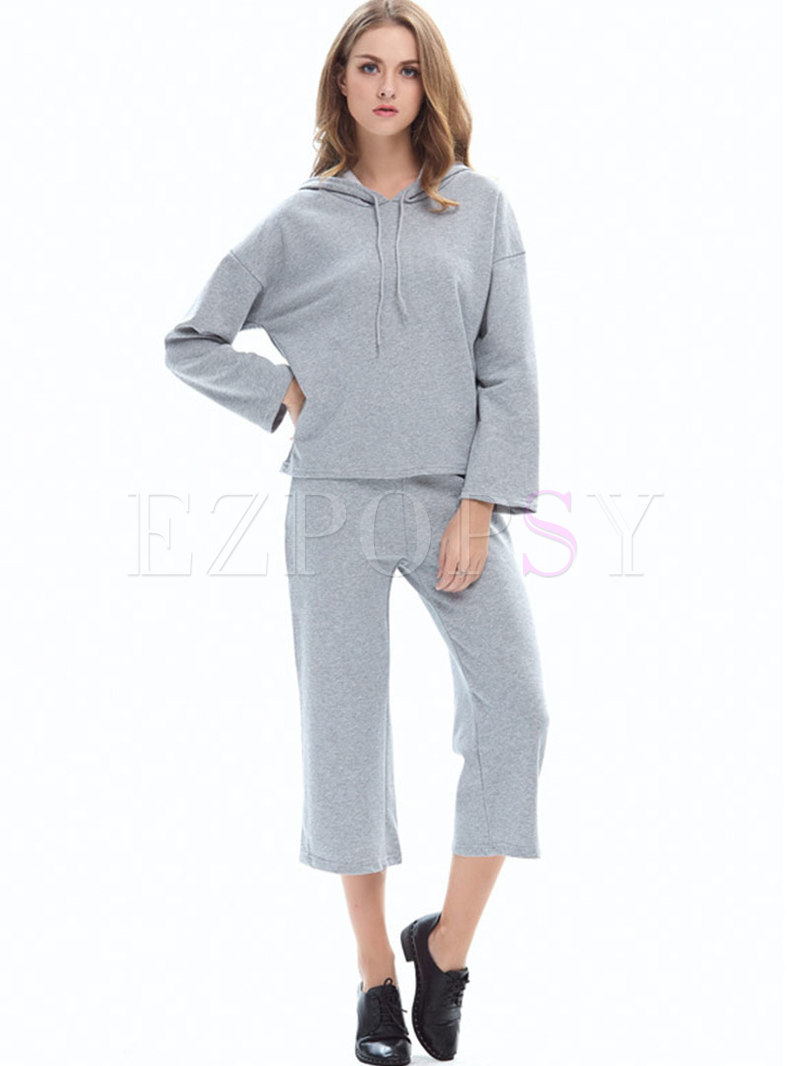 Hooded Solid Casual Straight Pant Suits