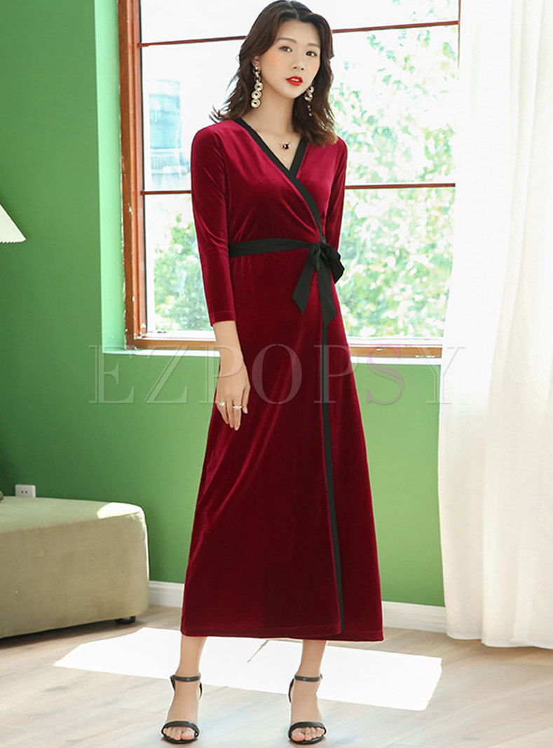 Color-blocked Cross V-neck Velvet Wrap Maxi Dress
