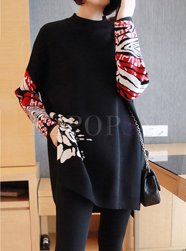Letter Print Pullover Long Loose Sweater