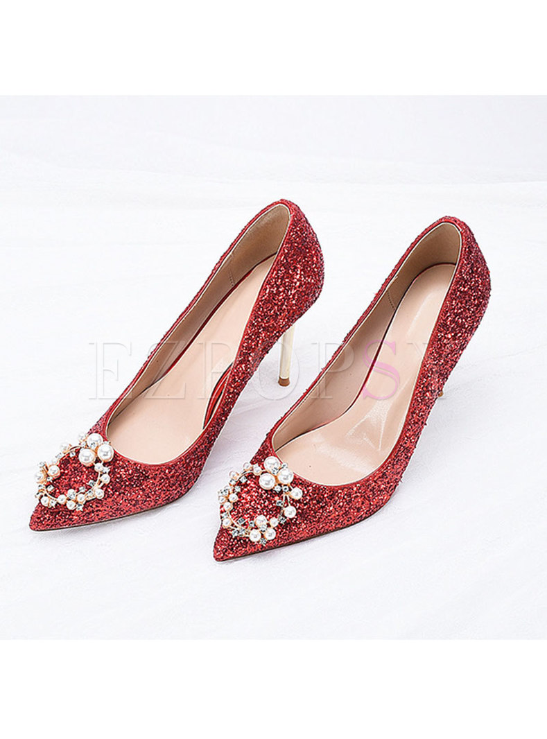 Pointed Toe Sequin Low-fronted Wedding Heels