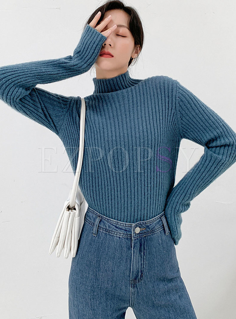 Solid Turtleneck Ribbed Pullover Sweater