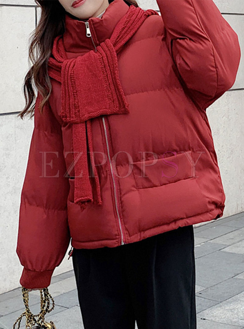 Mock Neck Straight Solid Cotton Padded Coat