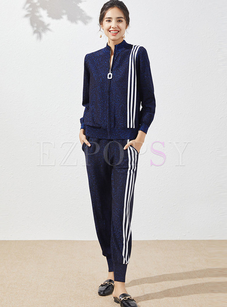 Color-blocked Striped Knitted Casual Pant Suits